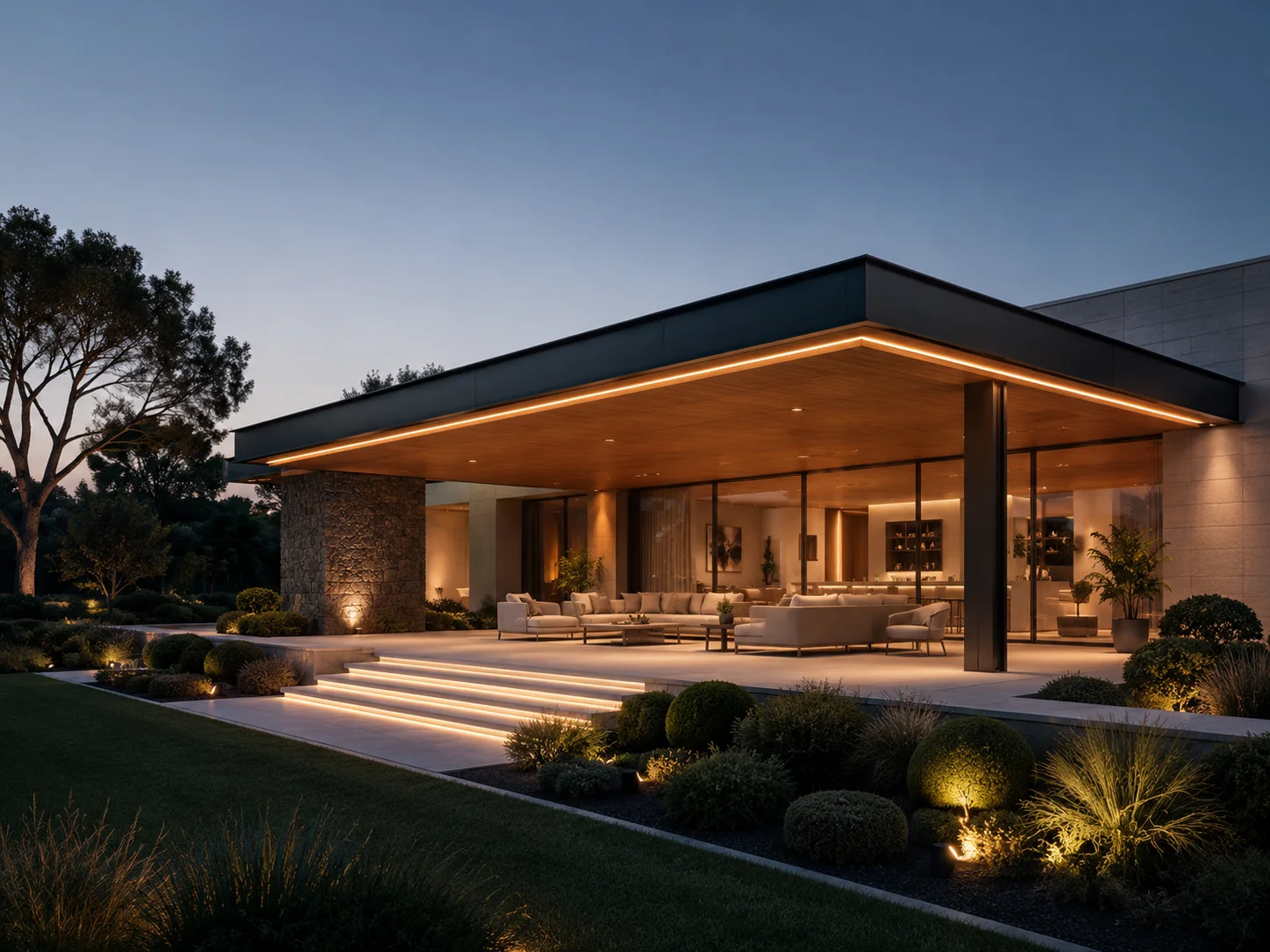 Villa bahçesindeki misafir oturma alanına uygulanan pergola modeli