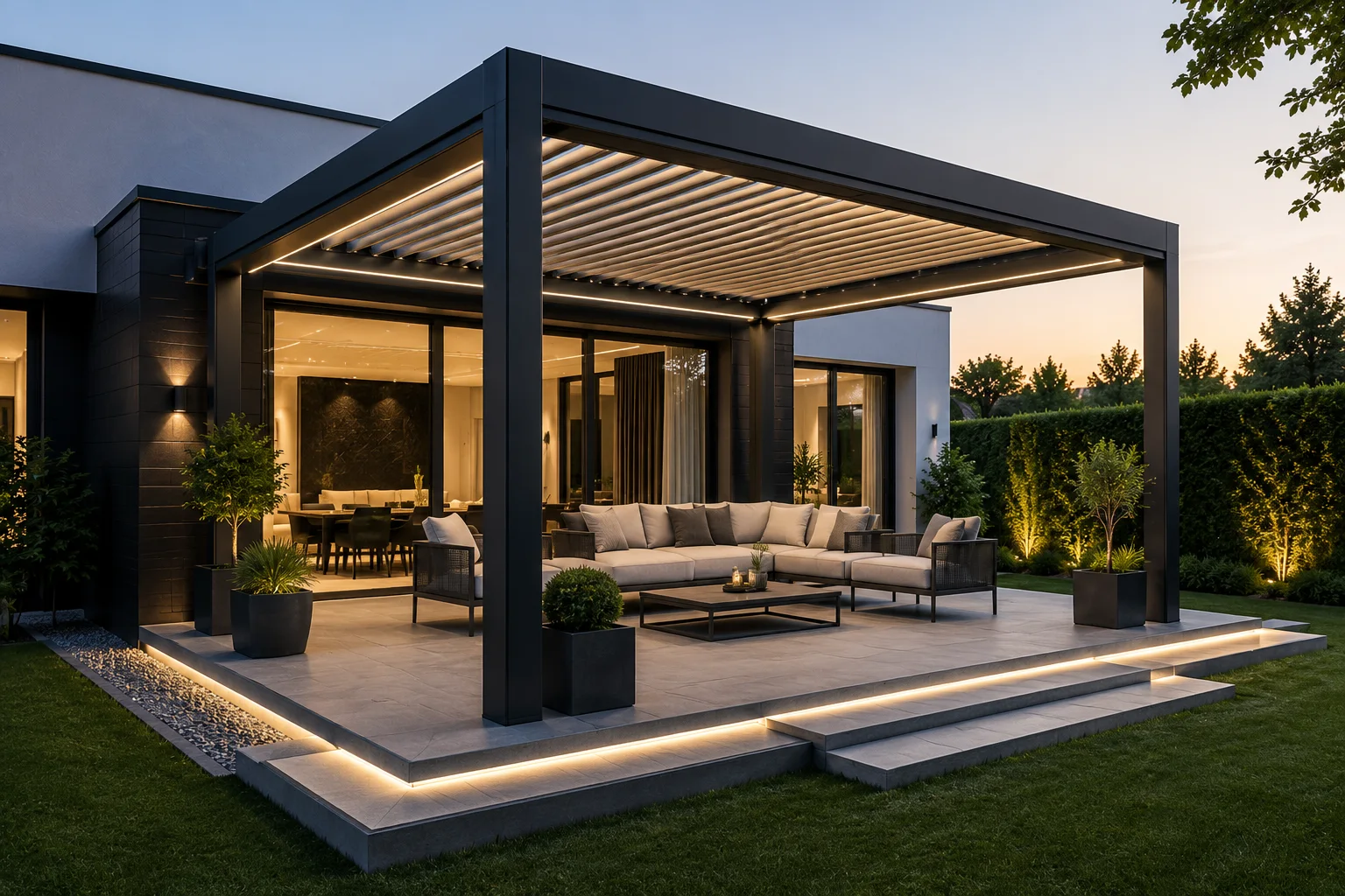 Villa bahçesindeki açık oturma alanına uygulanan pergola modeli