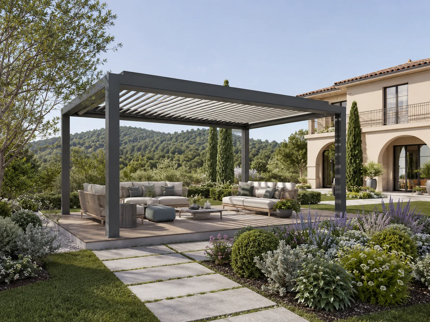 Villa bahçesindeki peyzaj ve oturma alanına uyumlu pergola modeli