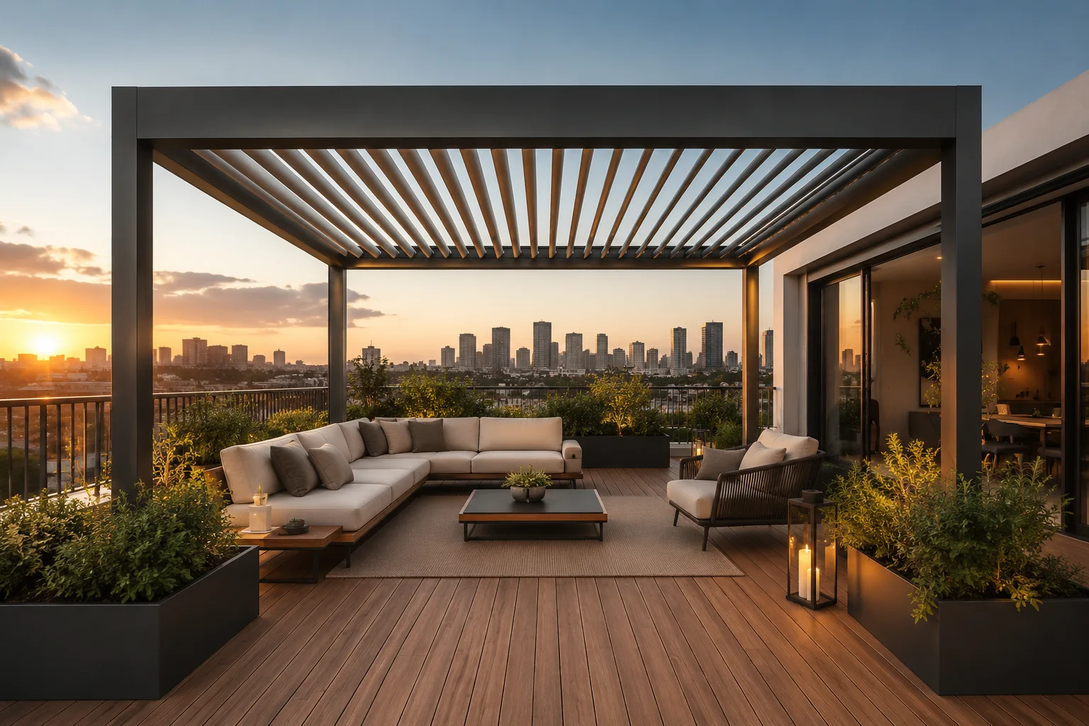 Villa bahçesindeki sosyal oturma alanına uygulanan modern pergola modeli