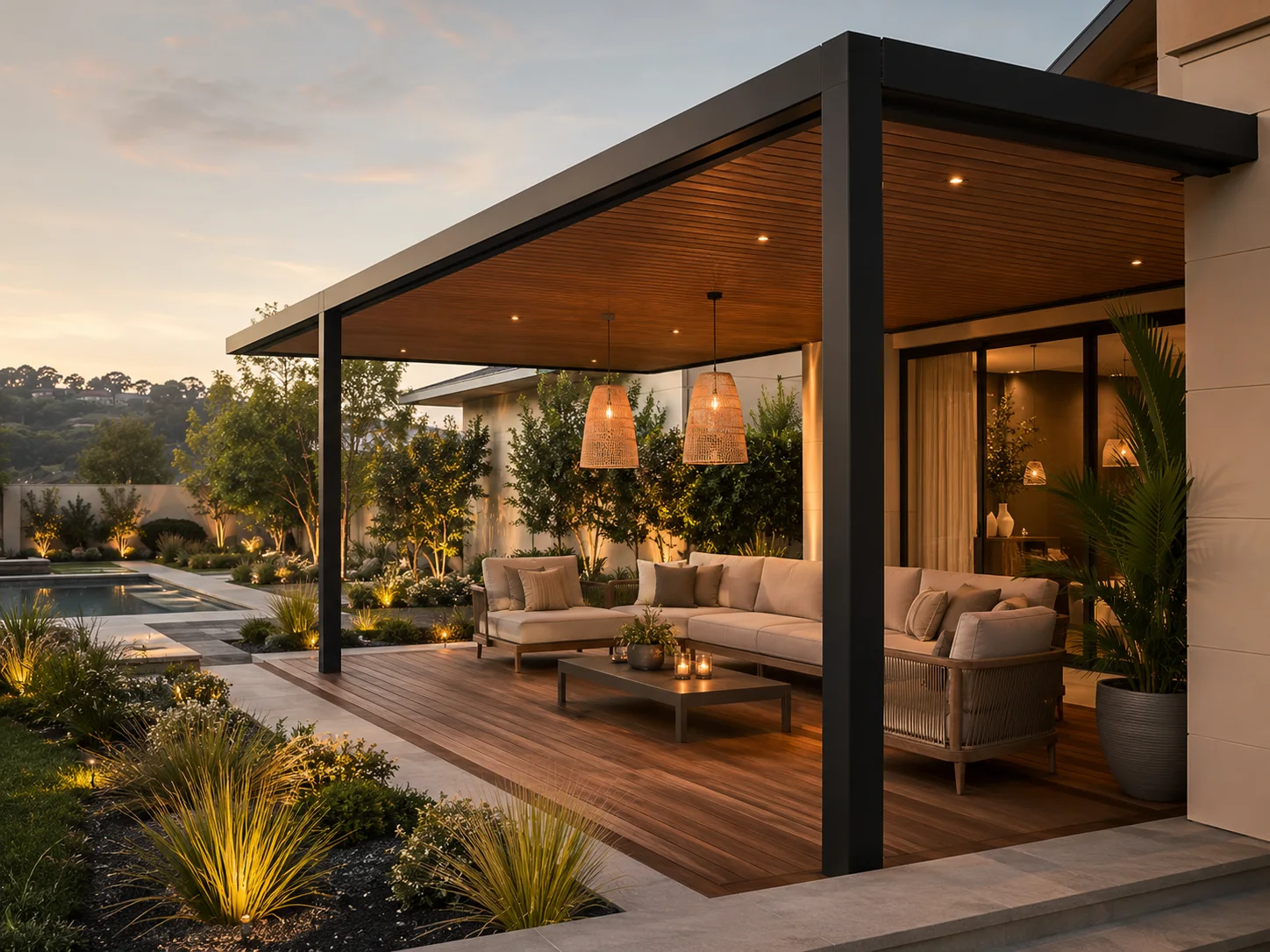 Villa bahçesi ile teras arasındaki geçiş alanına uygulanan pergola modeli