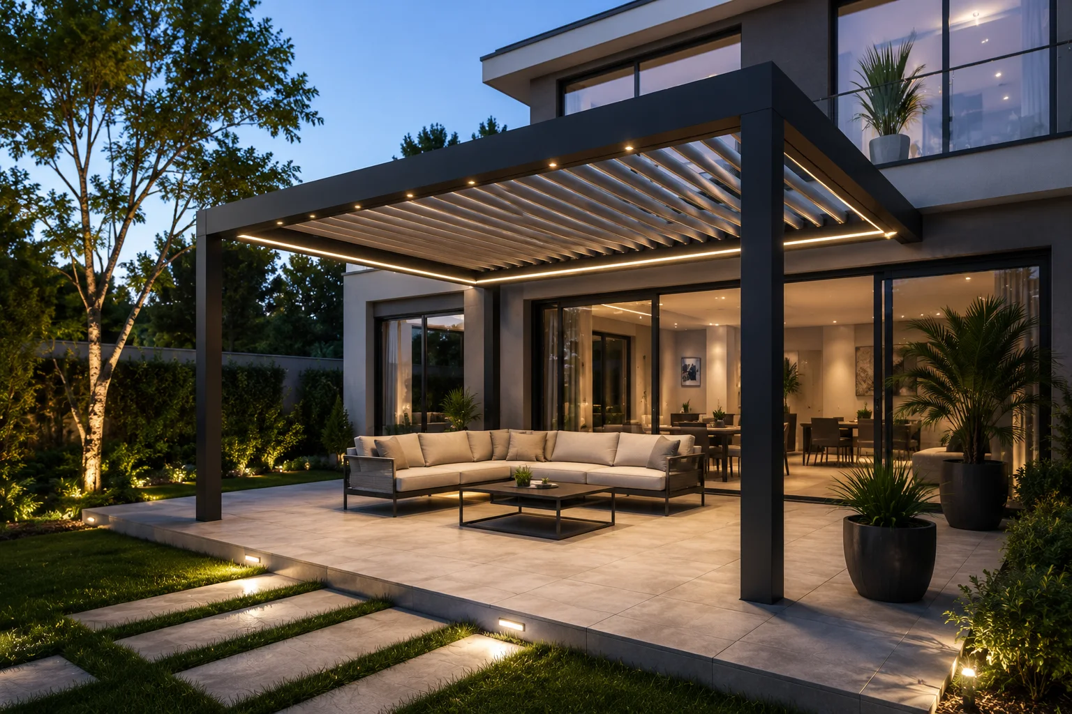 Villa bahçesindeki veranda ve oturma alanına uygulanan pergola modeli