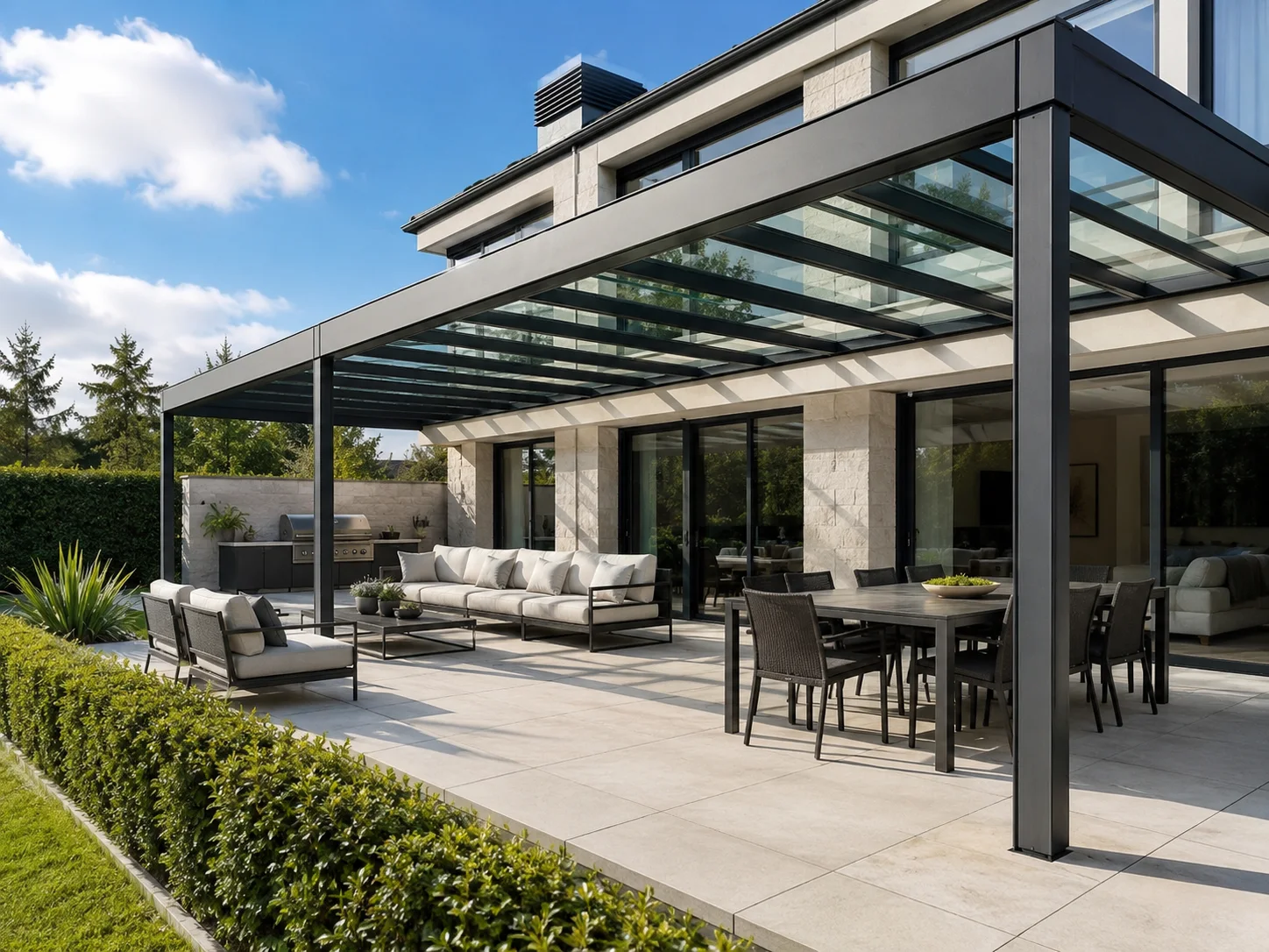Villa bahçesindeki açık yemek ve oturma alanına uygulanan pergola modeli