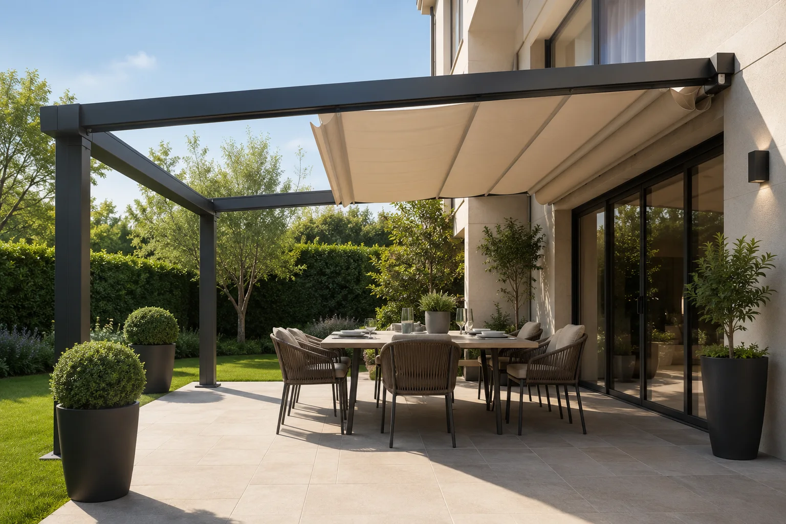 Müstakil villa bahçesindeki oturma alanına uygulanan pergola modeli
