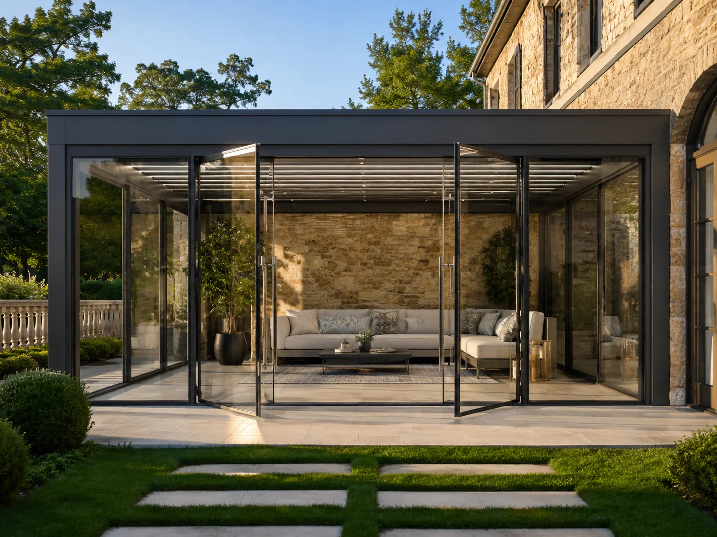Farklı tente modellerinin uygulandığı modern cepheler