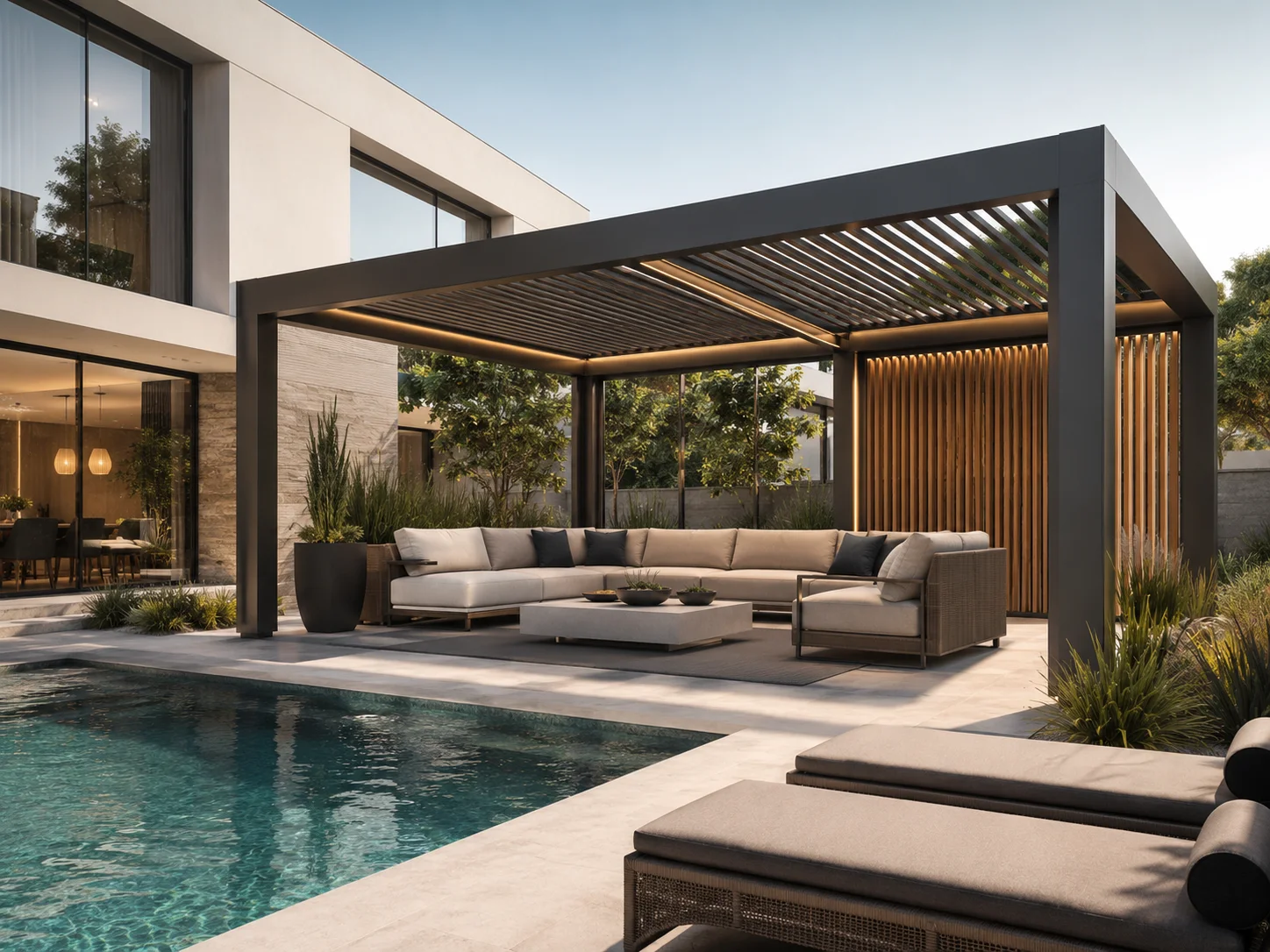 Adana villa bahçesinde ölçüye özel modern pergola sistemi