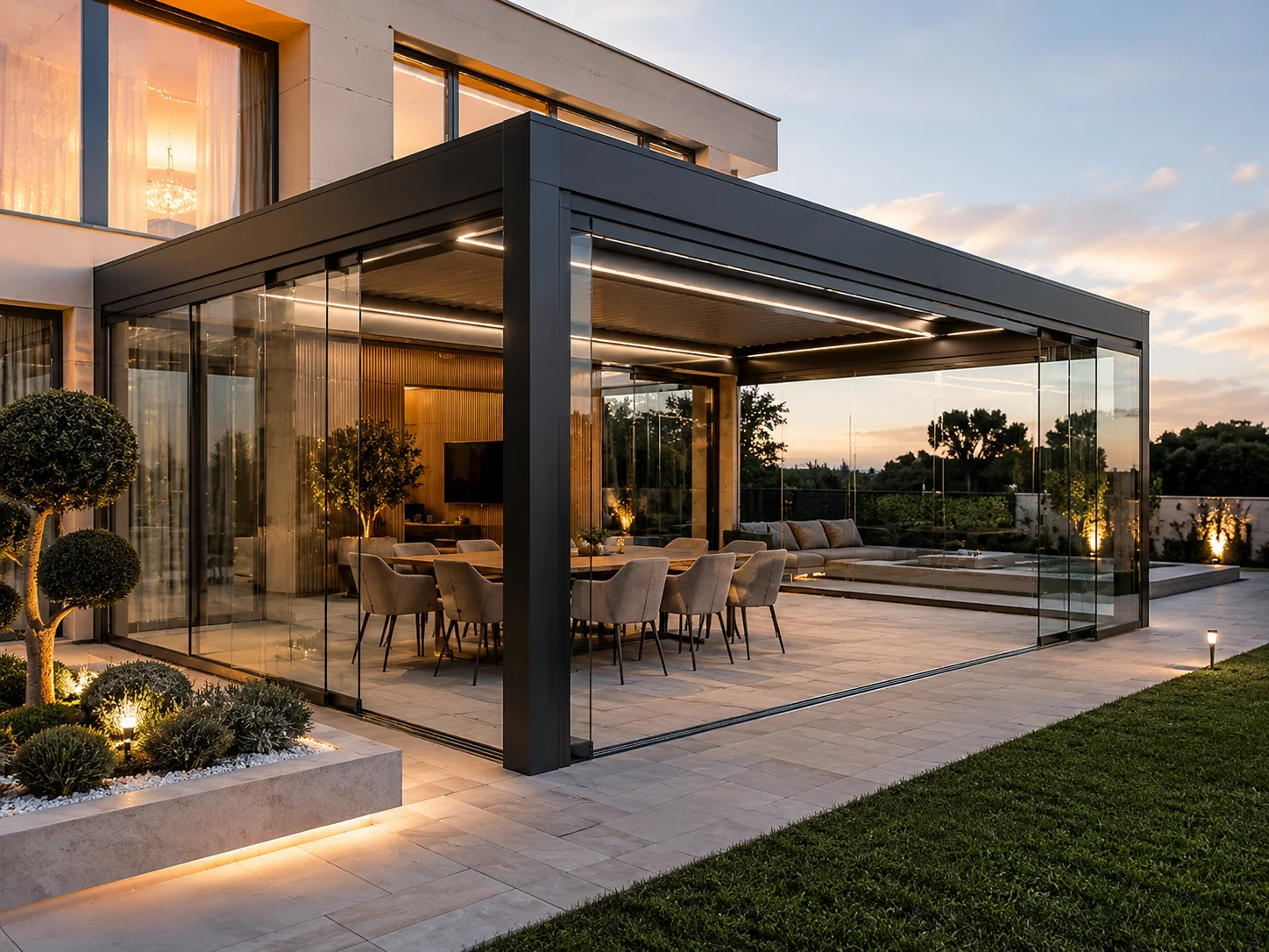 Bolu villa bahçesinde ölçüye özel modern pergola sistemi