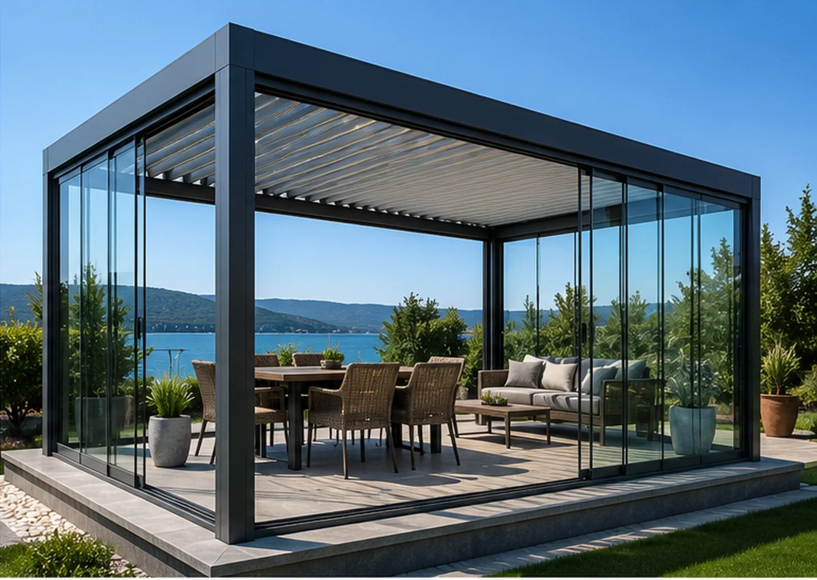 Diyarbakır villa bahçesinde ölçüye özel modern pergola sistemi