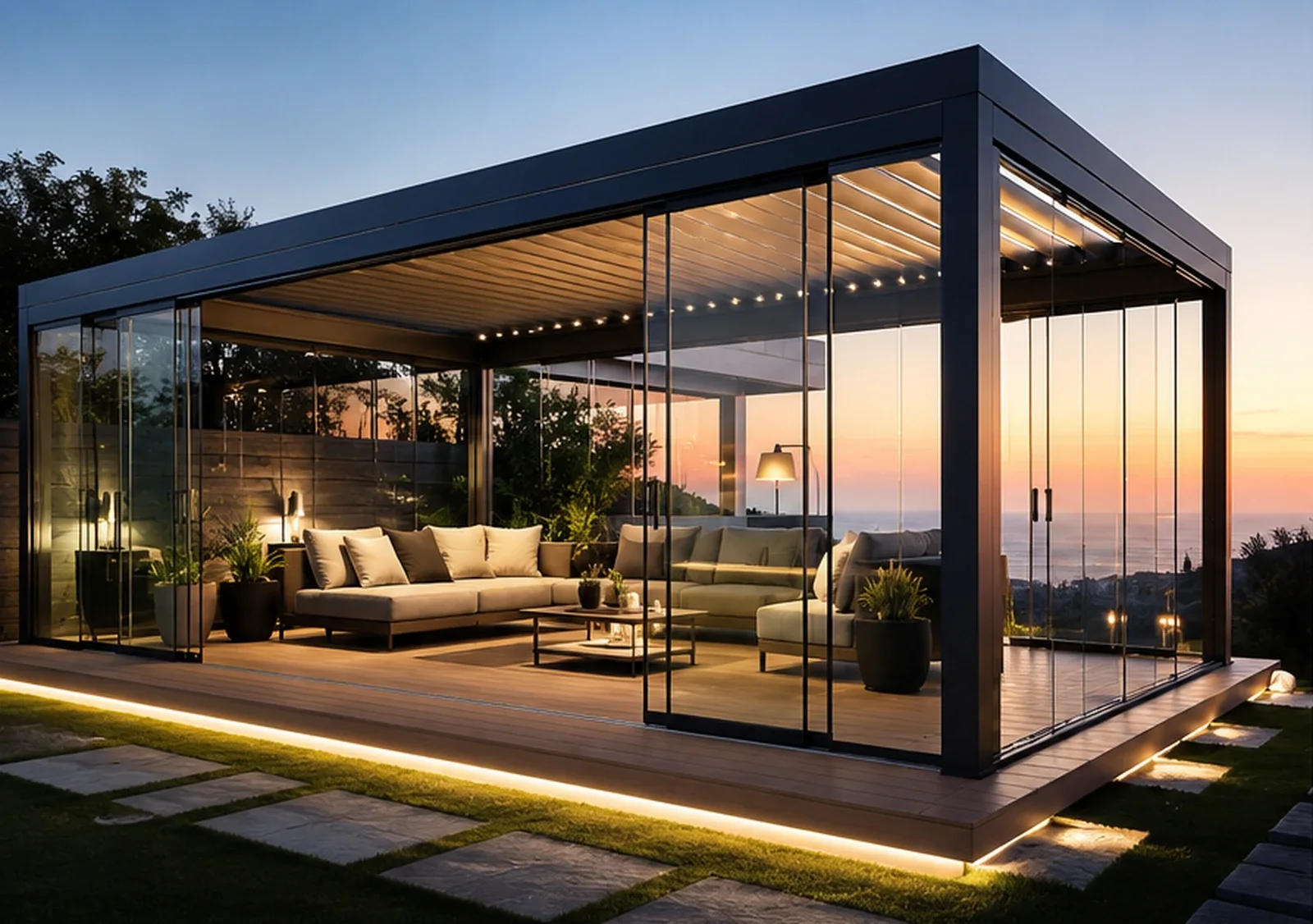Erzurum villa bahçesinde ölçüye özel modern pergola sistemi