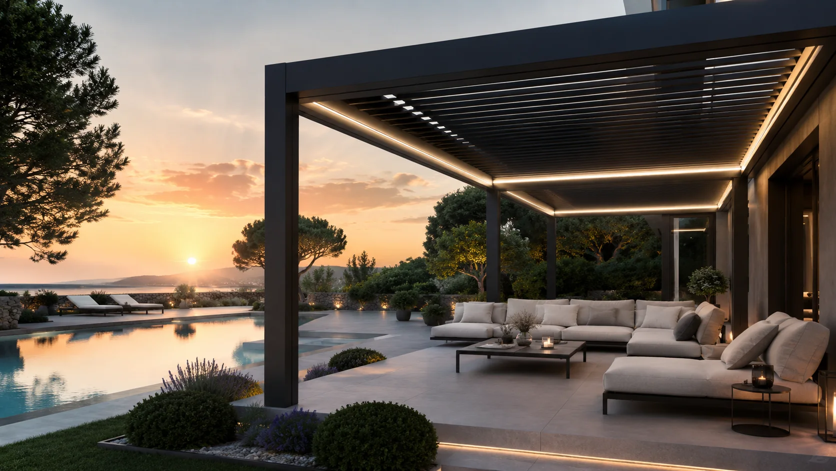 Hatay villa bahçesinde ölçüye özel modern pergola sistemi