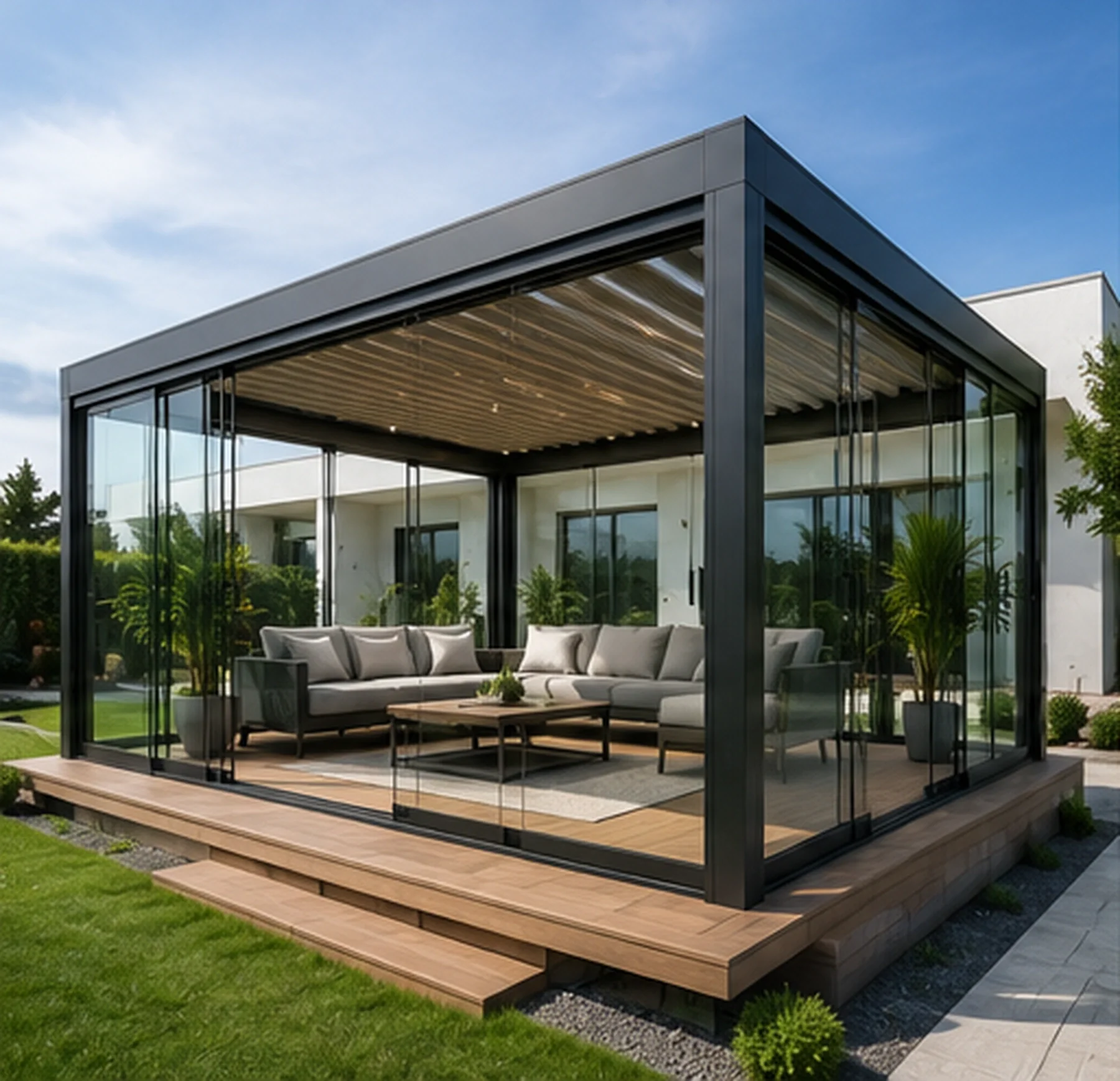 Karaman villa bahçesinde ölçüye özel modern pergola sistemi