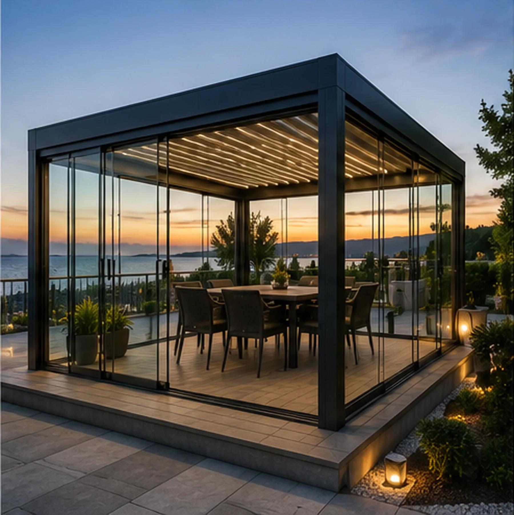 Kars villa bahçesinde ölçüye özel modern pergola sistemi