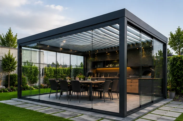 Uşak villa bahçesinde ölçüye özel modern pergola sistemi