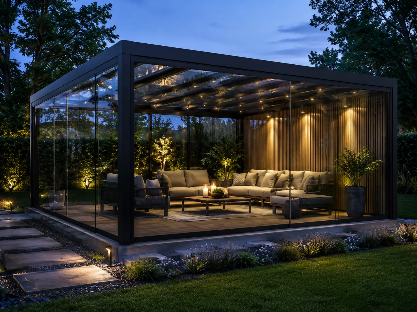 Yalova villa bahçesinde ölçüye özel modern pergola sistemi