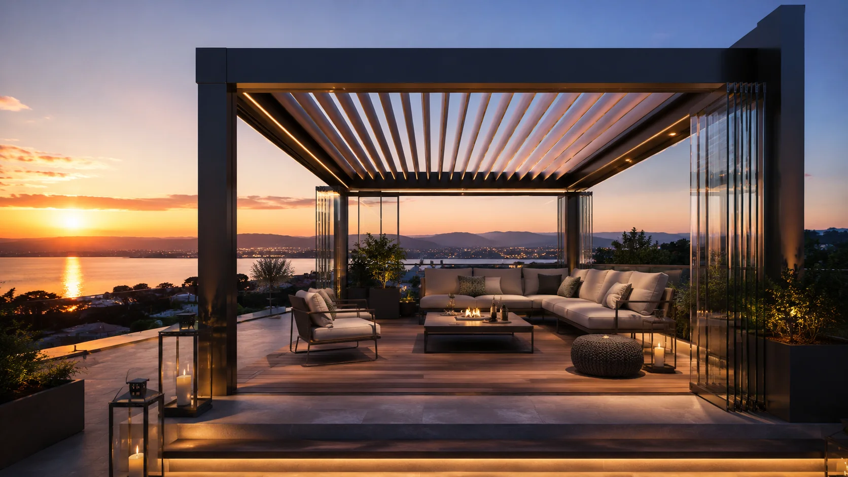 Raylar üzerinde geri çekilerek açılan teknik kumaş tavanlı pergola sistemi