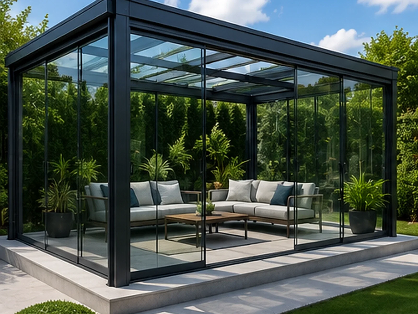 Kurumsal ofis terasında toplantı ve dinlenme alanını örten motorlu pergola