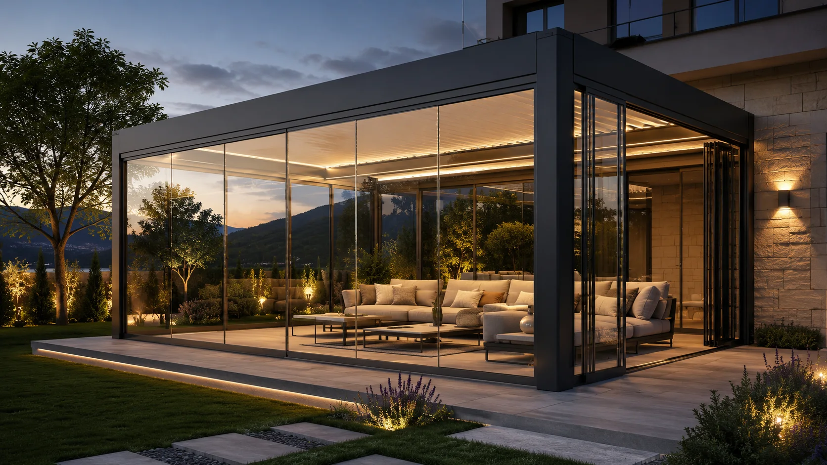 Akşam saatlerinde kiriş içine entegre sıcak beyaz LED ile aydınlatılan modern pergola