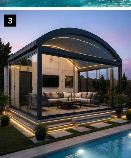 Restoran ve mağaza terasında çok modüllü motorlu ticari pergola